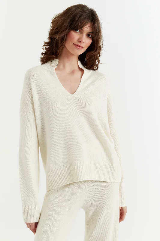 pullover sweater teens cosmic dune -Cream Cashmere V-Neck Funnel Sweater