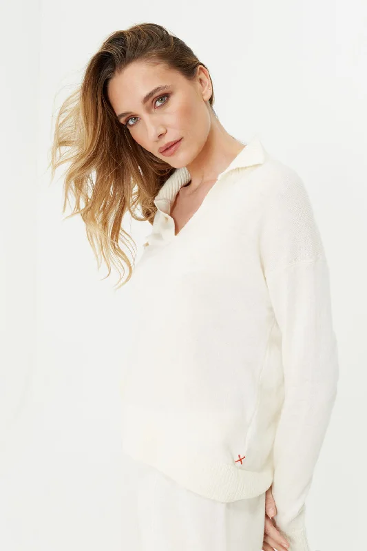 pullover sweater with ruched trim -Cream Wool-Cashmere Collared Sweater