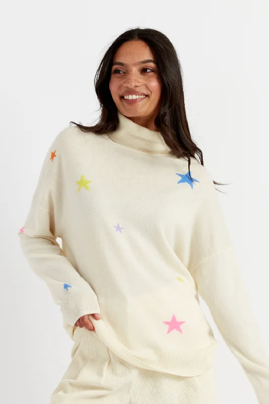 cotton-jute pullover sweater soft -Cream Wool-Cashmere Star Rollneck Sweater