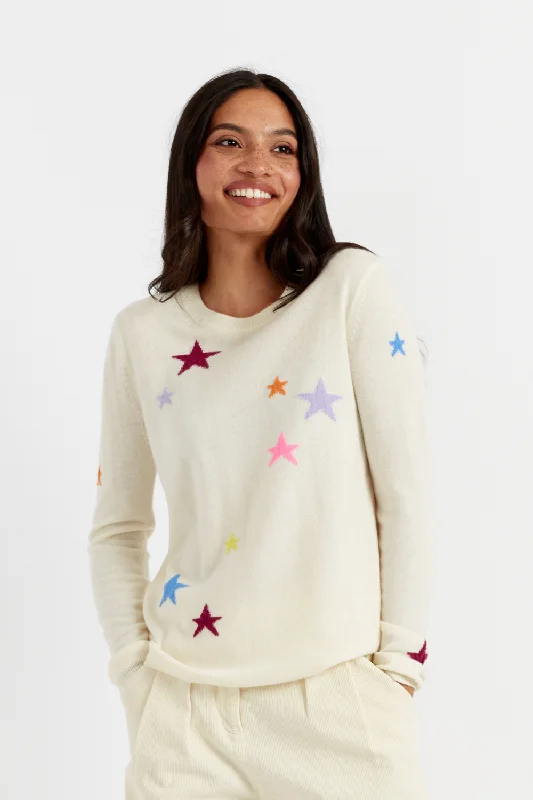 pullover sweater with glitter trim -Cream Wool-Cashmere Star Sweater