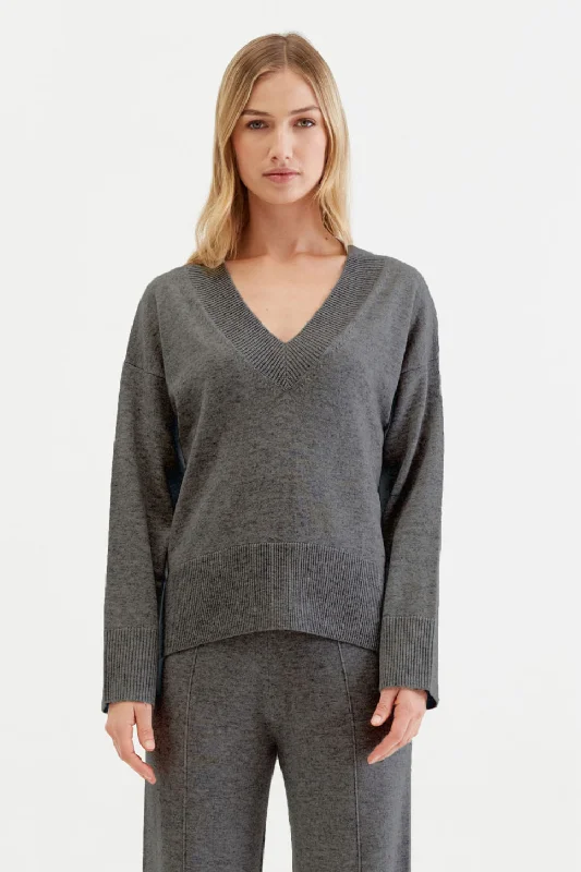 pullover sweater with agate logos -Dark-Grey Wool-Cashmere V-Neck Sweater