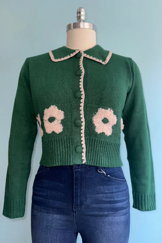 cardigan with glitter piping -Green Contrast Knit Collared Cardigan