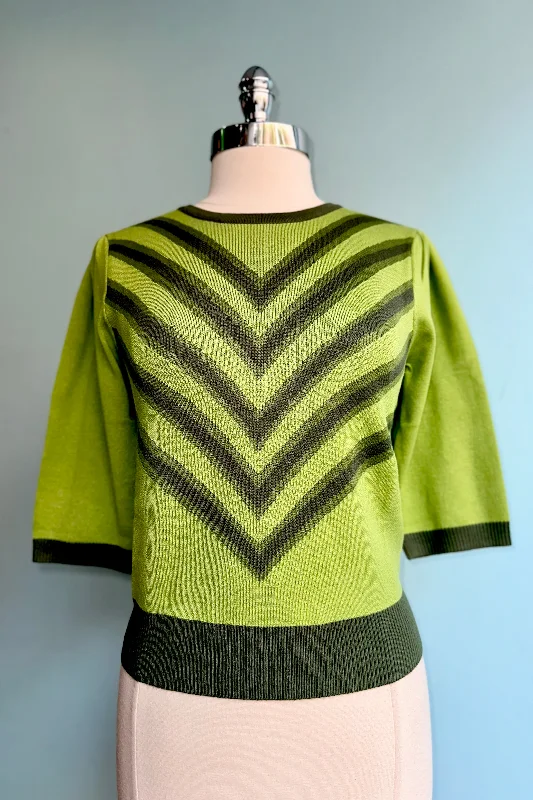 pullover sweater with draped hem -Green V-Pattern Knit Pullover Sweater by Voodoo Vixen