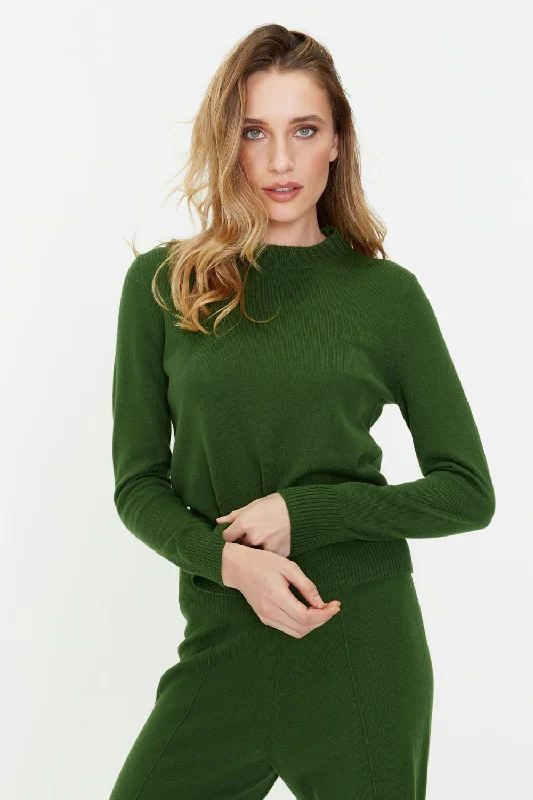 pullover sweater with woven trim -Green Wool-Cashmere Cropped Sweater