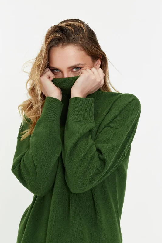 pullover sweater teens lunar ochre -Green Wool-Cashmere Relaxed Rollneck Sweater