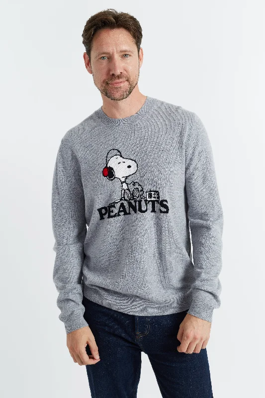 pullover sweater with bead trim -Grey Wool-Cashmere Men's Snoopy Music Sweater