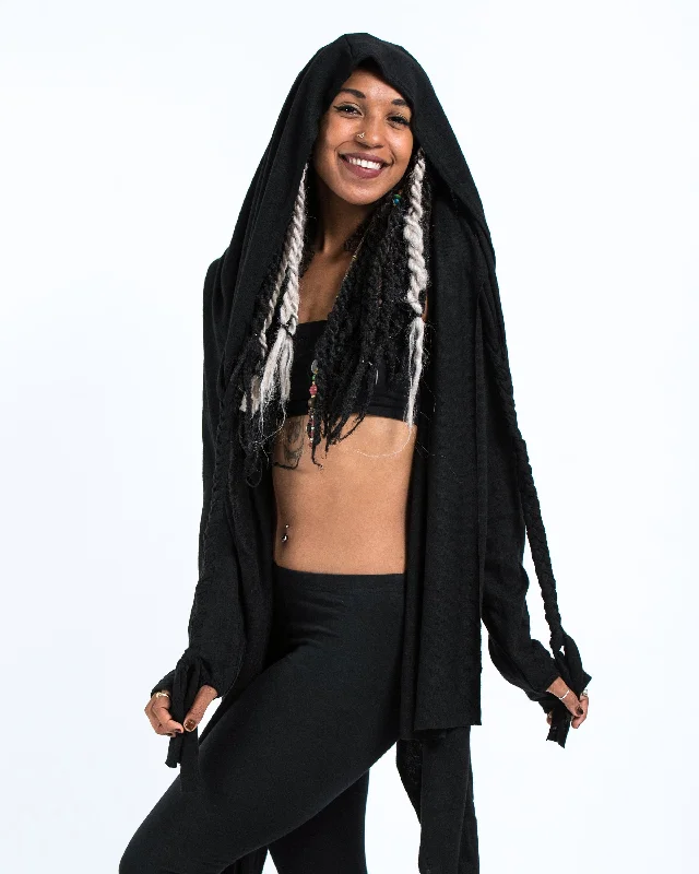 leather-jute cardigan hybrid -Hooded Cardigan in Black