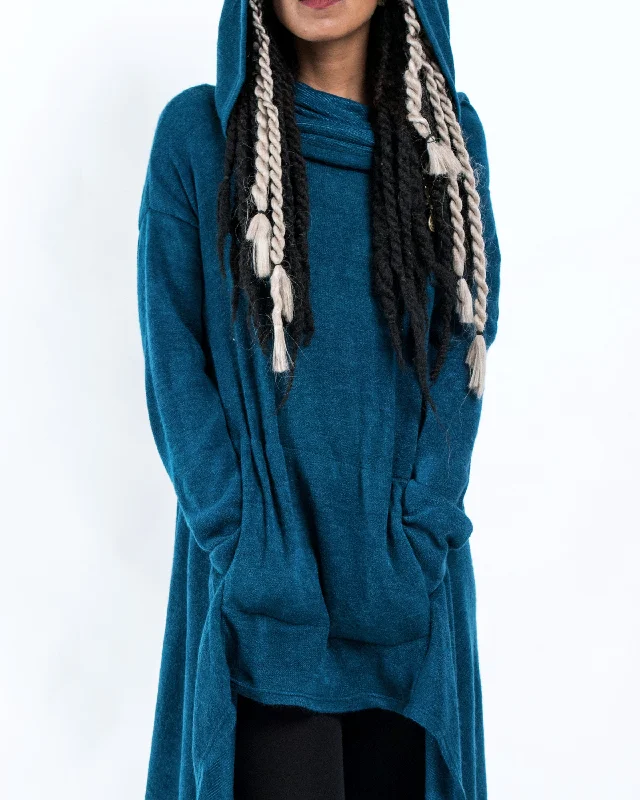 cropped pullover sweater adventure vibe -Ultra Long Hooded Sweater in Blue