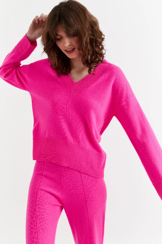 saffron pullover sweater vibrant glow -Fuchsia Wool-Cashmere V-Neck Sweater