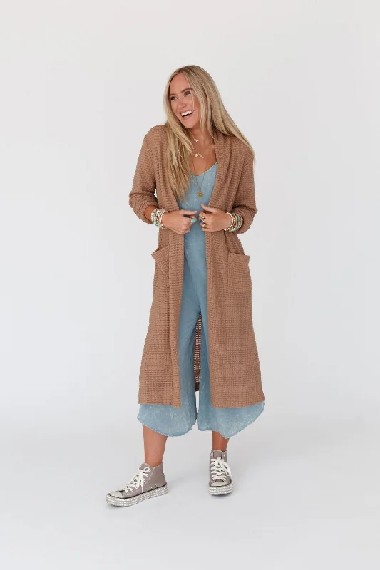 jute-silk cardigan rustic -The Nest Jayde Waffle Knit Cardigan - Taupe