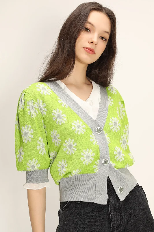 wool-ramie cardigan warm -Kathleen Floral Puffed Cardigan