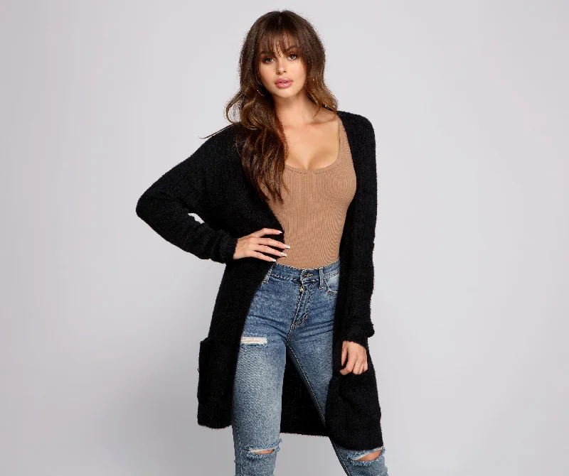 boucle-silk cardigan fuzzy -Layer Up Basic Knit Cardigan