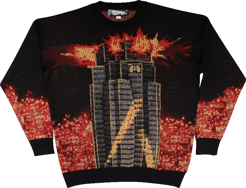 pullover sweater with horn logos -Nakatomi Plaza Explosion Die Hard Knitted Christmas Sweater