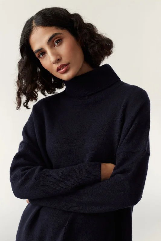 wool-ramie pullover sweater warm -Navy Cashmere Rollneck Sweater