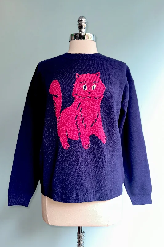 ribbed-jute pullover sweater texture -Navy Cat Print Sweater by Compania Fantastica