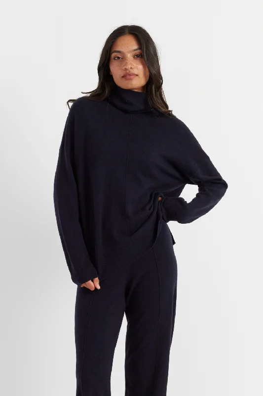 pullover sweater with knot trim -Navy Wool-Cashmere Relaxed Rollneck Sweater