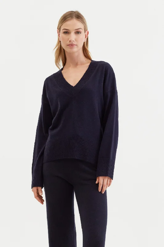 pullover sweater with draped hem -Navy Wool-Cashmere V-Neck Sweater