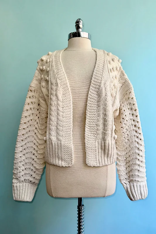 cardigan with prism studs -Pom Pom Cardigan Sweater in Ivory