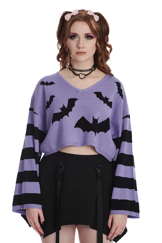 leather-ramie pullover sweater hybrid -Purple Cropped Striped Sleeve Bat Annabelle Sweater by Banned