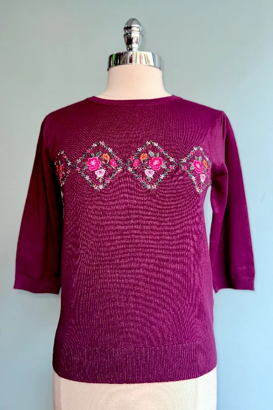 ribbed-jute pullover sweater texture -Purple Diamond Floral Embroidered Sweater by Voodoo Vixen