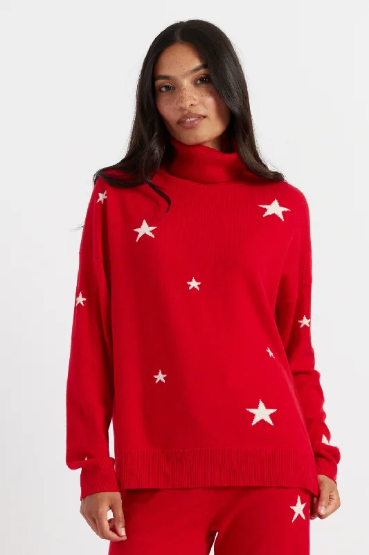 knit-jute pullover sweater earthy -Red Wool-Cashmere Star Rollneck Sweater