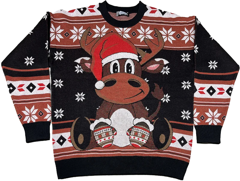 mosaic-cotton pullover sweater art -Reindeer In Santa Claus Hat Knitted Christmas Sweater