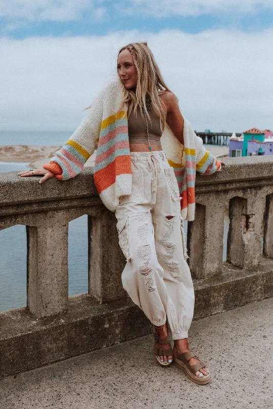 boucle-silk cardigan fuzzy -Retro Babe Striped Cardigan - Cream