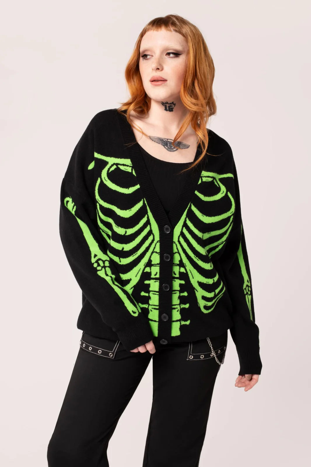 cardigan with bead studs -Oversized Skeleton Cardigan by Hell Bunny