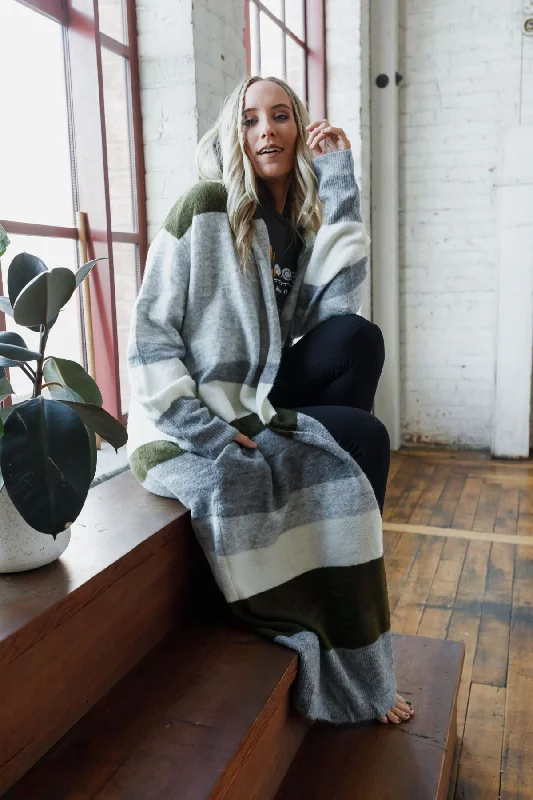 saffron cardigan vibrant hue -The Nest So Cozy Oversized Striped Knit Duster - Olive Multi