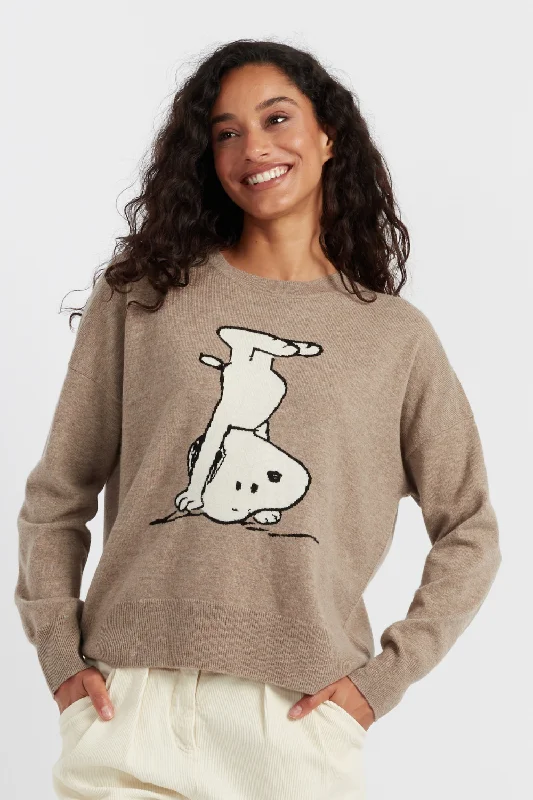 pullover sweater with glitter trim -Soft-Truffle Wool-Cashmere Dancing Snoopy Sweater