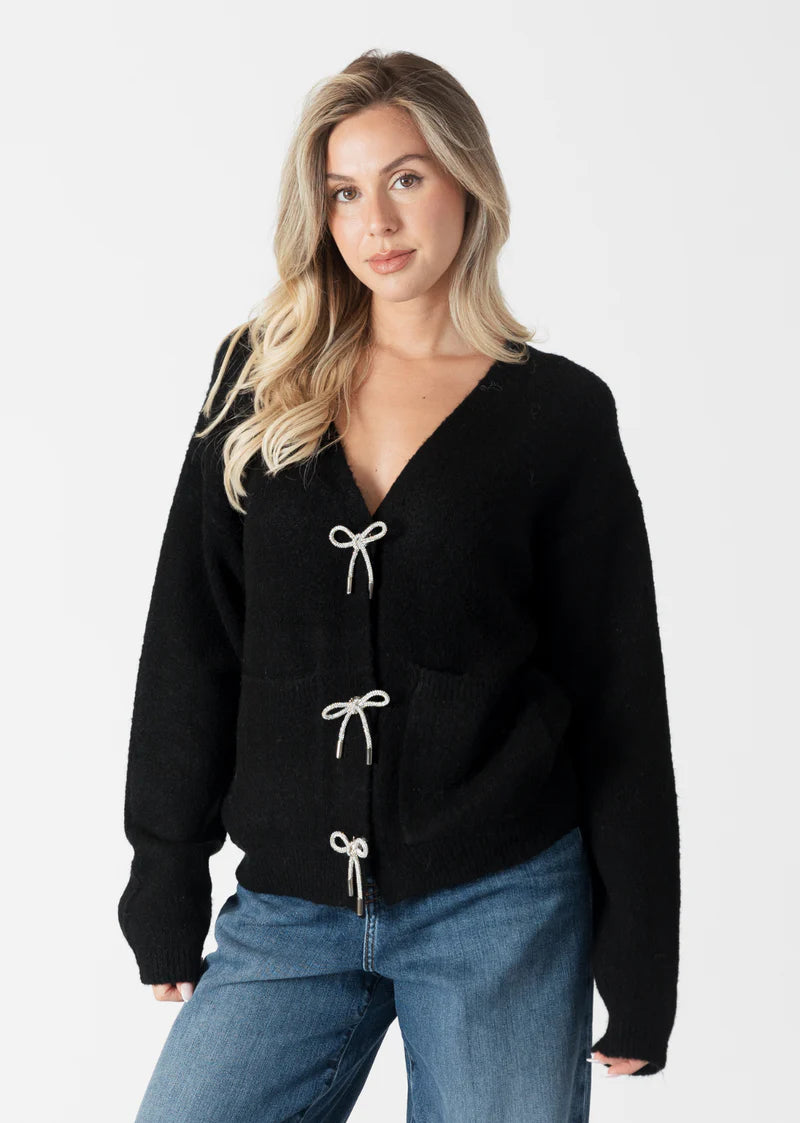 fuzzy-leather cardigan soft -Stella Bow Cardigan