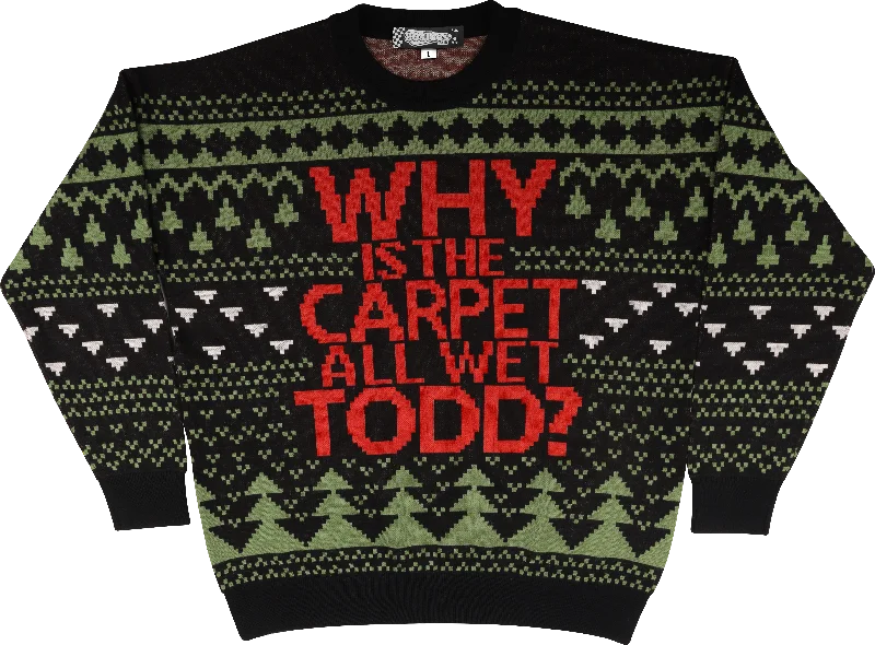 pullover sweater with scalloped trim -Why Is The Carpet All Wet Todd? Christmas Vacation Knitted Sweater