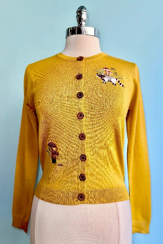 silk-blend cardigan airy sheen -Woodland Mushroom Cardigan in Mustard by Banned