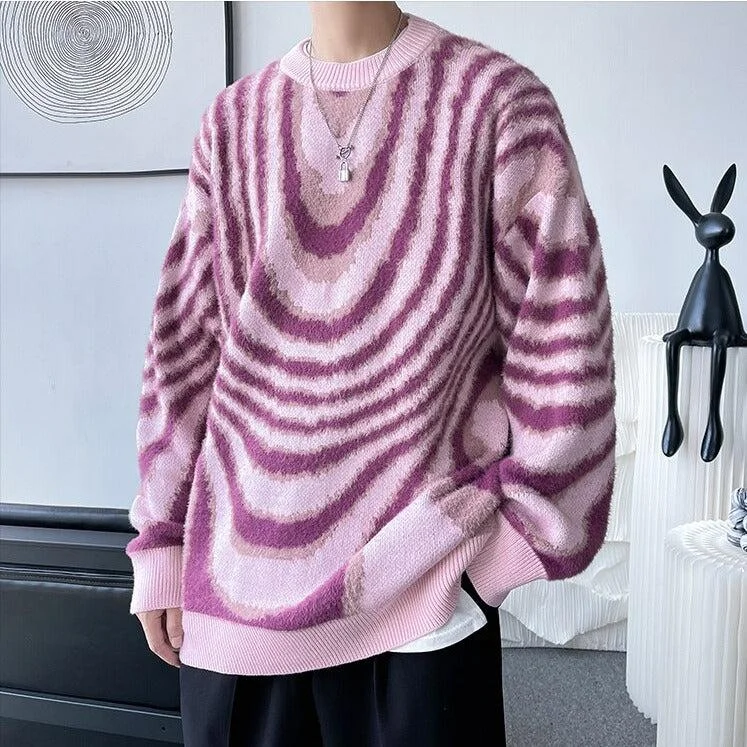 pullover sweater with crystal studs -Y2K Wavy Striped Knitted Sweater