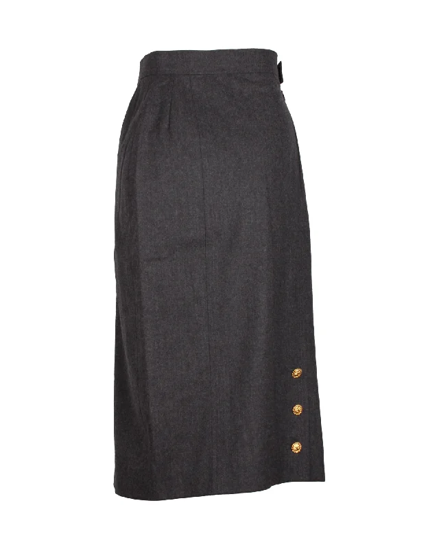 maternity tint skirts -Chanel Gold Button Midi Skirt in Grey Wool