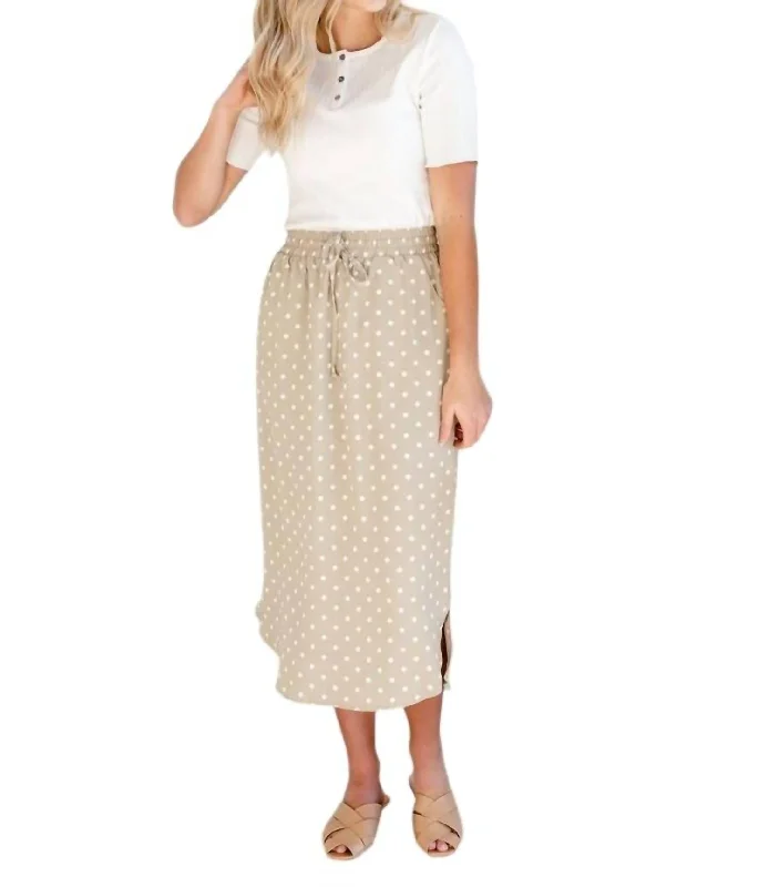 vented rest skirts -Deena Polka Dot Midi Skirt In Tan/white