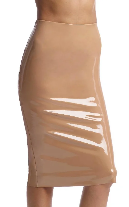 flap glow skirts -Faux Patent Leather Midi Skirt In Cocoa