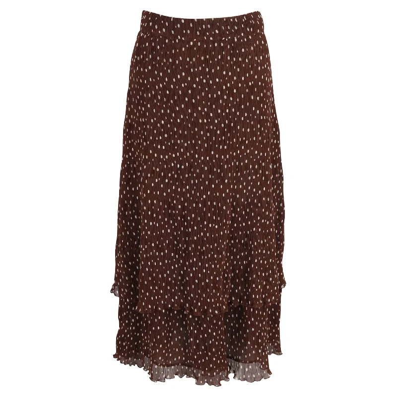 paprika burst skirts -Ganni Pleated Polka-Dot Midi Skirt in Brown Polyester