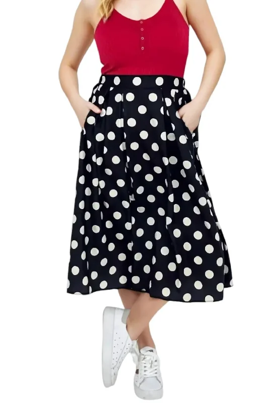 tight pop skirts -Polka Dot Pleated Midi Skirt In Black