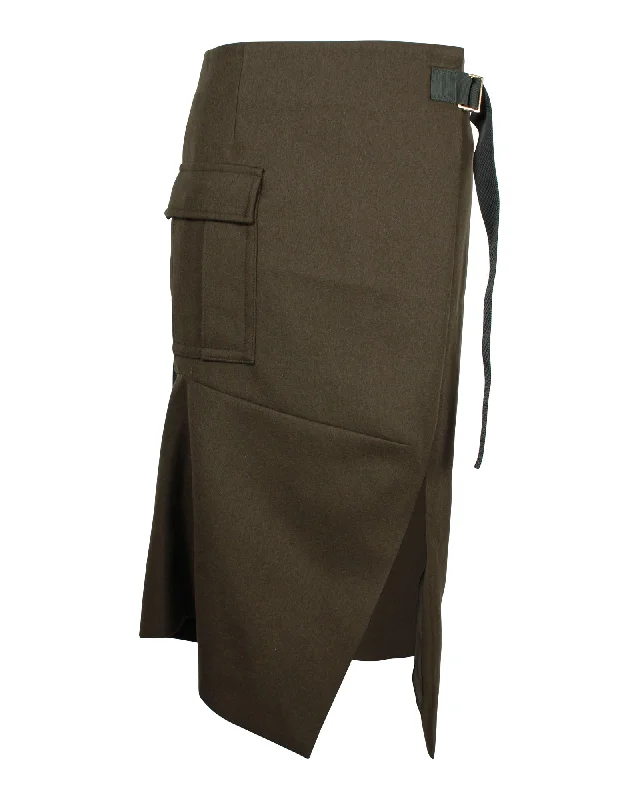 long rest skirts -Sacai Asymmetric Side Slit Skirt in Khaki Wool