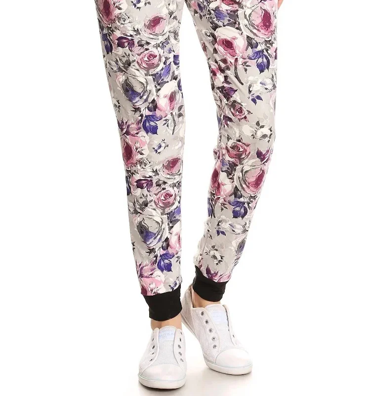 short glow pants -Grey Floral Jill Jogger Pants In White