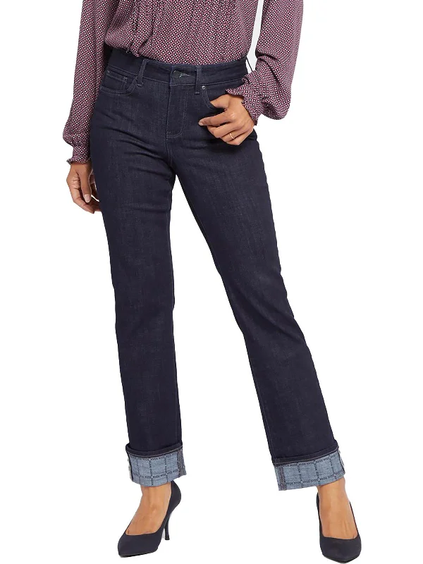 flex stretch pants -Marilyn Womens Dark Wash Printed Cuff Straight Leg Jeans