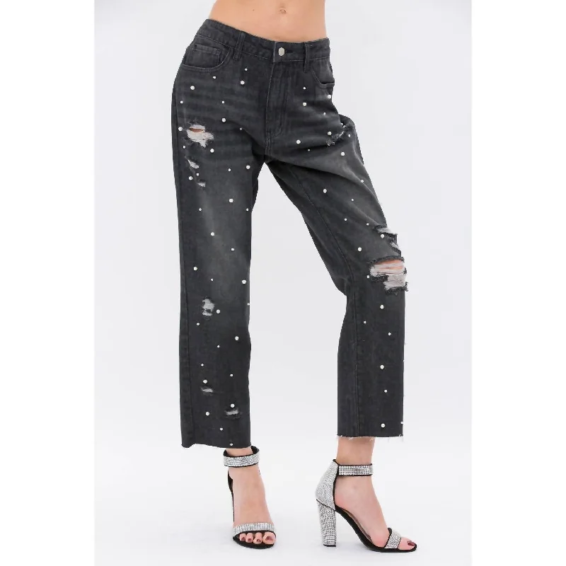 solid glow pants -Pearl Embellished Ripped Denim Jeans In Black