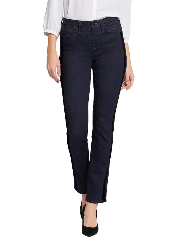 angle side pants -Sheri Womens Dark Wash Flocked Slim Jeans