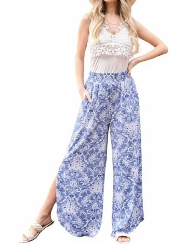 glossy stretch pants -Smocked Floral Side Slit Pants In Blue