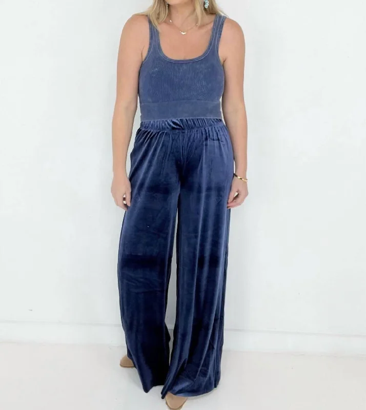 olive flex pants -Velvet Wide Leg Pants In Navy