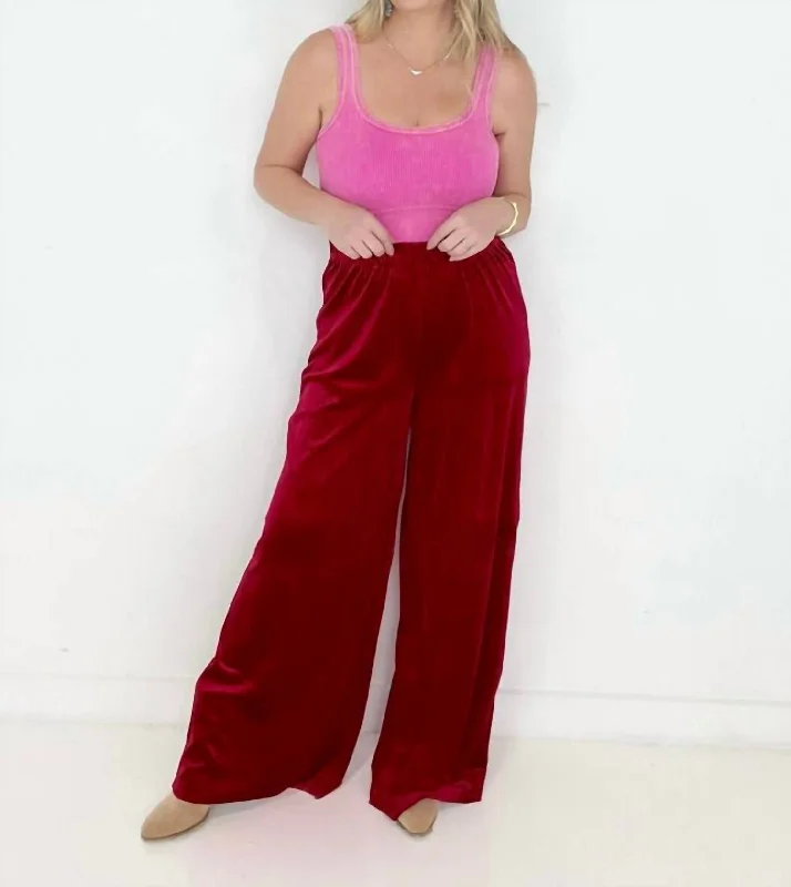 monogrammed logo pants -Velvet Wide Leg Pants In Red