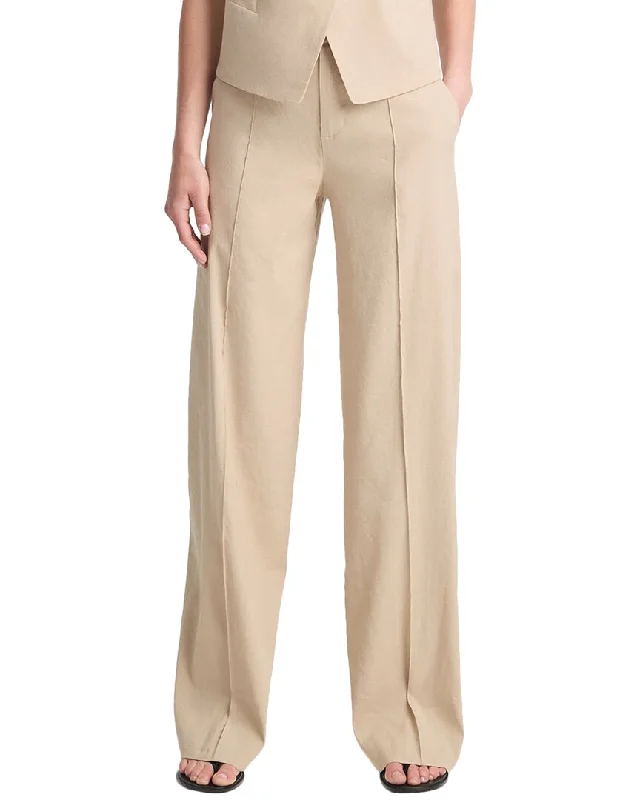 dip fitted pants -Vince High Waisted Pintuck Linen-Blend Wide Leg Pant