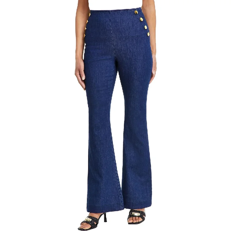 flame slim pants -Womens High Rise Button Trim High-Waisted Jeans