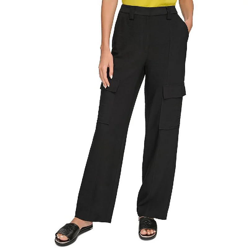 duo slim pants -Womens High Rise Pocketed Wide Leg Pants